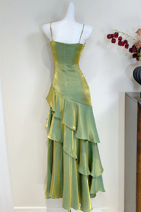 Green Tiered Ruffle Straps Long Prom Dress, Green Chic Mermaid Formal Gowns