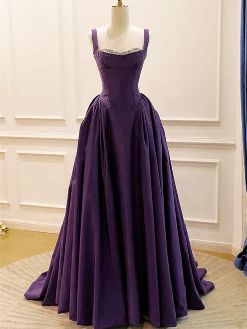 Purple Satin Beaded A-line Straps Sweetheart Prom Dress, Purple Satin Low Back Formal Dress