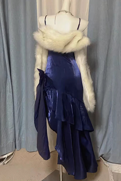 Gothic Navy Blue Pearls High Low Prom Dress, Vintage Style Ruffle Formal Dress