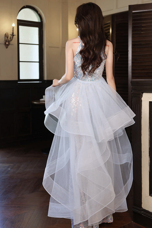 Cute Sequins Halter Party Dress with Layered Tulle High-Low Skirt, Long Formal Dress Prom Dress