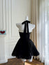 Elegant Black Halter Mini Dress with Pearls, Black Sweetheart Neckline A-Line Homecoming Dress