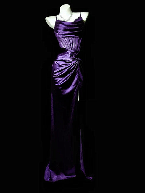 Dark Purple Corset Straps Prom Dress, Ruched Satin Evening Gown with Slit