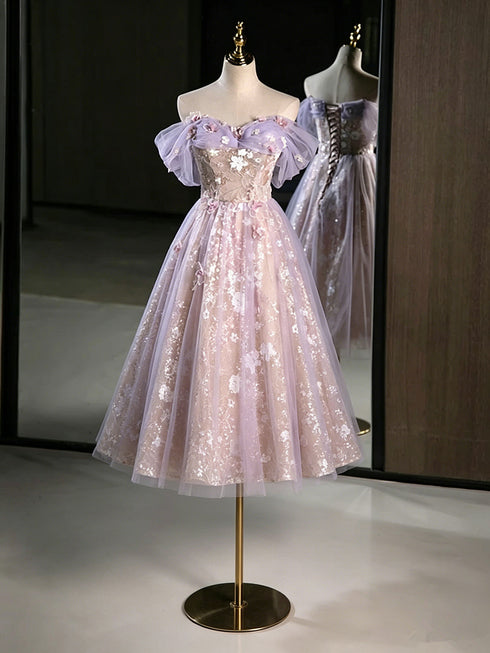 Cute Light Purple Tulle with Lace Applique Short Party Dress, Cute Short Homecoming Dress