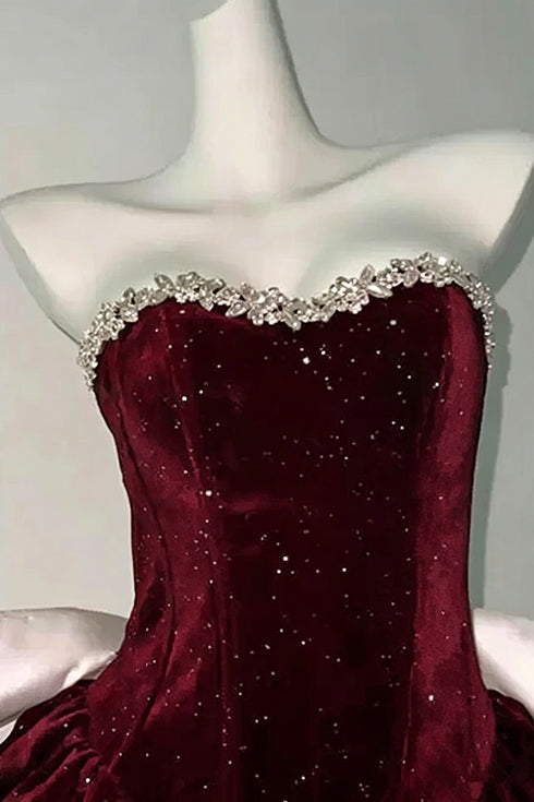 Wine Red Velvet Strapless Knee Length Party Dress, Wine Red Beaded Short Homecoming Dress