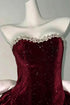 Wine Red Velvet Strapless Knee Length Party Dress, Wine Red Beaded Short Homecoming Dress