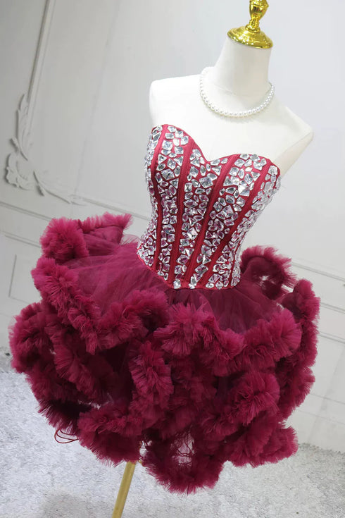 Wine Red Rhinestone Corset Mini Dress, Sweetheart Ruffled Tulle Short Homecoming Dress