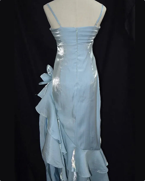 Light Blue Spaghetti Straps High Low Party Dress, Chci Light Blue Layers Evening Dress