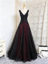 Gothic Black and Red V-neckline Long Formal Dress, A-line Black and Red Prom Dress with Lace Applique