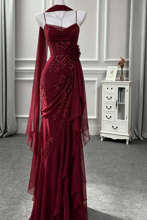 Wine Red Evening Dress Spaghetti Straps Mermaid Formal Dress,Wine Red Ruffled Chiffon Party Prom Dresses with Scarf