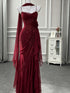 Wine Red Evening Dress Spaghetti Straps Mermaid Formal Dress,Wine Red Ruffled Chiffon Party Prom Dresses with Scarf