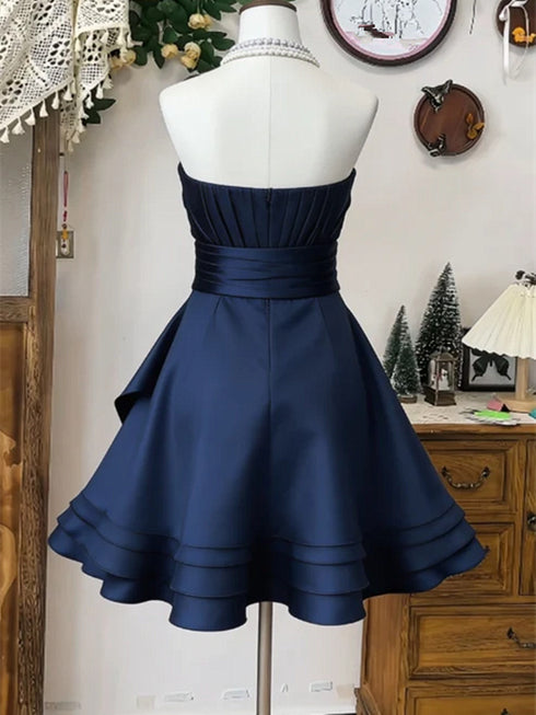 Navy Blue Strapless Pleated Satin Tiered Mini Party Dress, Navy Blue Homecoming Dress