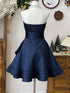 Navy Blue Strapless Pleated Satin Tiered Mini Party Dress, Navy Blue Homecoming Dress