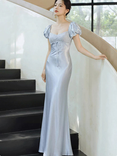 Light Grey Satin Square Neck Long Prom Dress, Short Puff Sleeve Evening Gown Party Dress