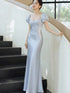 Light Grey Satin Square Neck Long Prom Dress, Short Puff Sleeve Evening Gown Party Dress