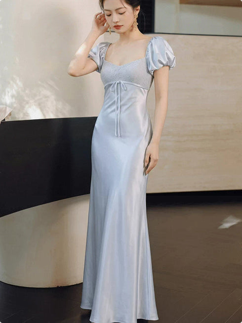 Light Grey Satin Square Neck Long Prom Dress, Short Puff Sleeve Evening Gown Party Dress