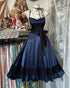 Dark Navy Satin Party Dress with Black Lace, Spaghetti Strap Bow Waist A-Line Homecoming Dress