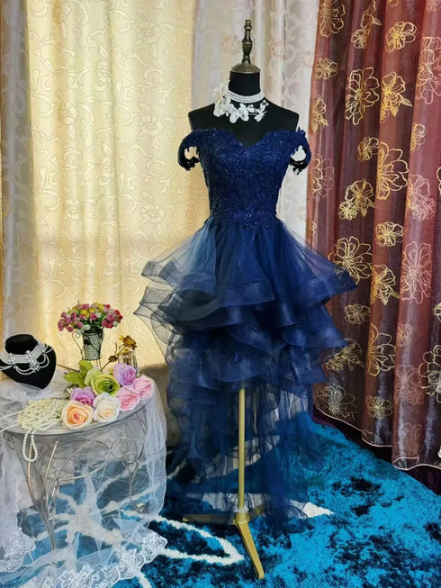 Navy Blue Sweetheart Off Shoulder Prom Dress, Navy Blue Tulle High Low Homecoming Dress