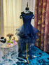 Navy Blue Sweetheart Off Shoulder Prom Dress, Navy Blue Tulle High Low Homecoming Dress