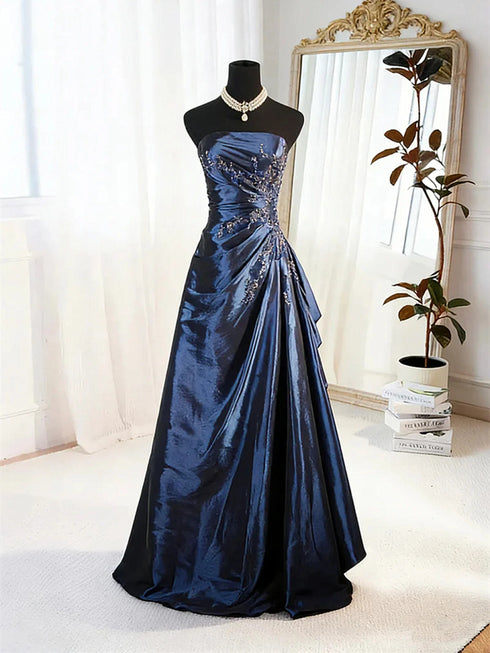 A-line Navy Blue Beaded Strapless Long Prom Dress, Elegant Blue Taffeta Evening Dress