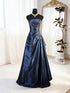 A-line Navy Blue Beaded Strapless Long Prom Dress, Elegant Blue Taffeta Evening Dress