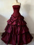 Wine Red Strapless Tiered Satin Prom Dress, Ruffle Ball Gown Long Formal Dress Evening Gown