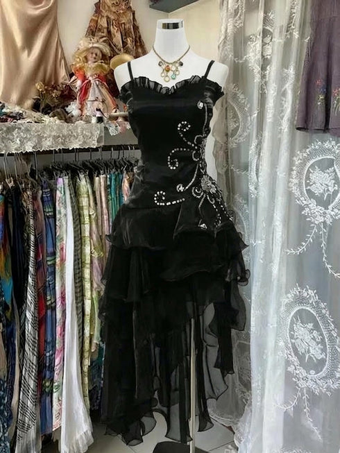 A-line Black High Low Beaded Straps Layers Party Dress, Black High Low Formal Dress Prom Dress