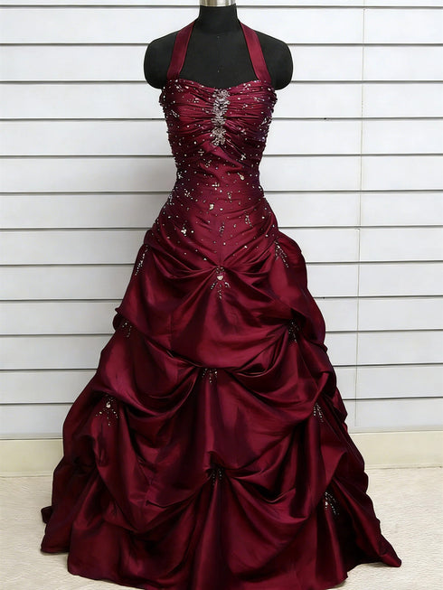 Charming Wine Red Beaded Halter Ruched Long Formal Dress, Wine Red Sweetheart Evening Dress