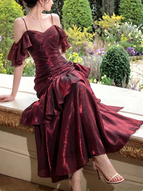 Wine Red Off Shoulder Layers Sweetheart Prom Dress, Straps Wine Red Long Formal Dress