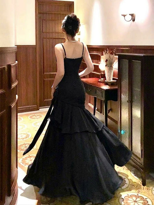 Black Satin Straps Layers Floor Length Prom Dress, Black Sweetheart Long Evening Dress Formal Dress