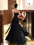Black Satin Straps Layers Floor Length Prom Dress, Black Sweetheart Long Evening Dress Formal Dress