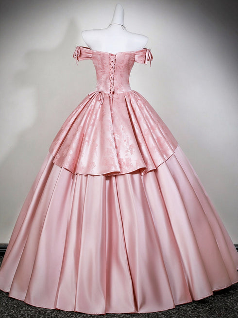 Cute Off Shoulder Pink Satin Ball Gown Evening Dress, Pink Sweet 16 Formal Dress Party Dress