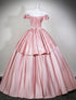 Cute Off Shoulder Pink Satin Ball Gown Evening Dress, Pink Sweet 16 Formal Dress Party Dress