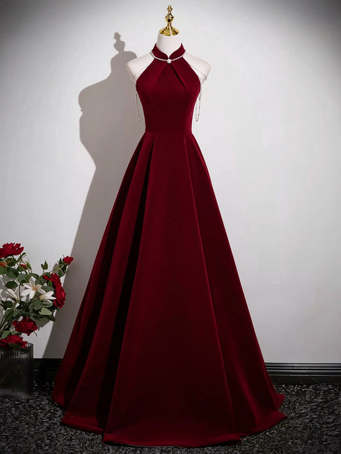 Wine Red Velvet Halter A-line Prom Dress Evening Dress, Simple Long Velvet Formal Dress