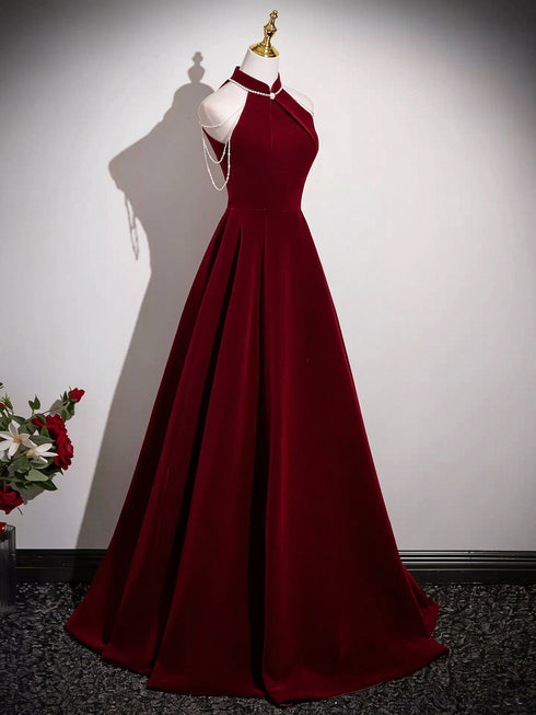 Wine Red Velvet Halter A-line Prom Dress Evening Dress, Simple Long Velvet Formal Dress