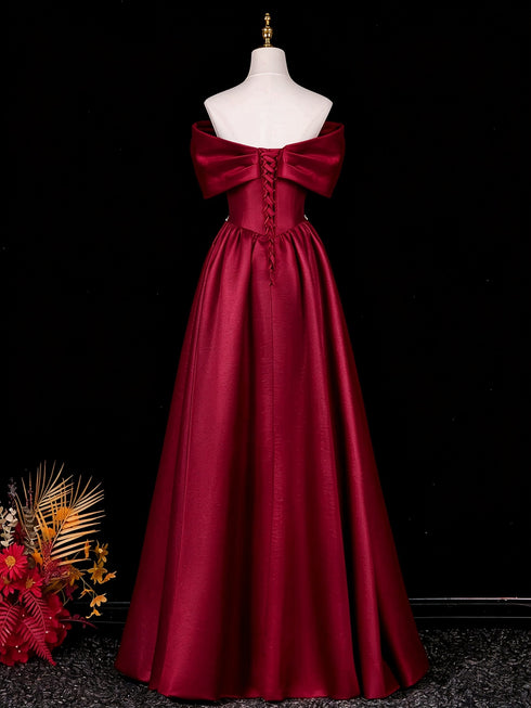 Wine Red Satin A-line Long Prom Dress with Beadings, Wine Red Off Shoulder Floor Length Party Dress