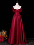 Wine Red Satin A-line Long Prom Dress with Beadings, Wine Red Off Shoulder Floor Length Party Dress