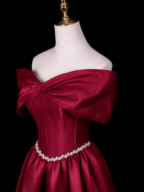Wine Red Satin A-line Long Prom Dress with Beadings, Wine Red Off Shoulder Floor Length Party Dress