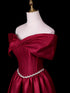Wine Red Satin A-line Long Prom Dress with Beadings, Wine Red Off Shoulder Floor Length Party Dress