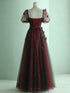 Gothic Black and Red Tulle Evening Dress with 3D Butterflies, Puff Sleeves Sweetheart Tulle Prom Dress