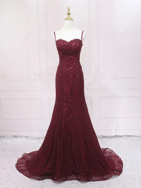 Wine Red Mermaid Lace Sweetheart Long Prom Dress, Wine Red Straps Evening Dress Party Dress