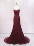 Wine Red Mermaid Lace Sweetheart Long Prom Dress, Wine Red Straps Evening Dress Party Dress