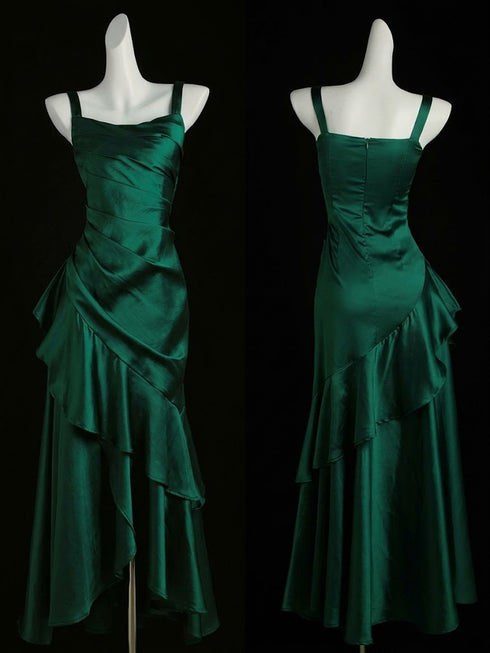 Green Satin Prom Dress Long Ruffle Evening Gown, Spaghetti Straps Formal Party Dress
