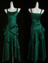 Green Satin Prom Dress Long Ruffle Evening Gown, Spaghetti Straps Formal Party Dress