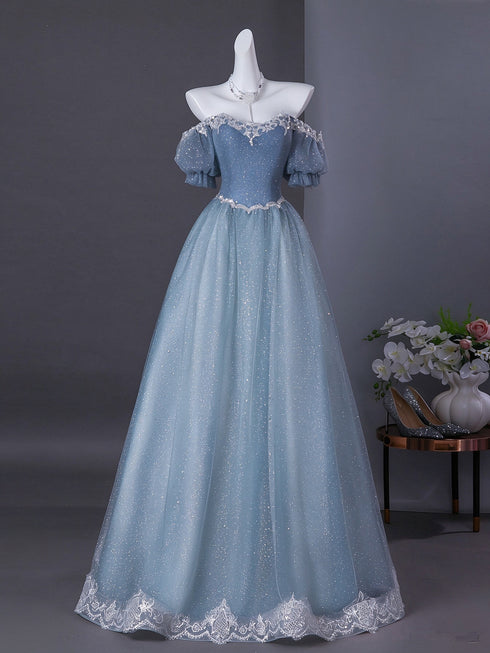 Light Blue Tulle Short Sleeves Long Prom Dress with Lace, Light Blue Shiny Floor Length Formal Gowns