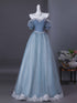 Light Blue Tulle Short Sleeves Long Prom Dress with Lace, Light Blue Shiny Floor Length Formal Gowns