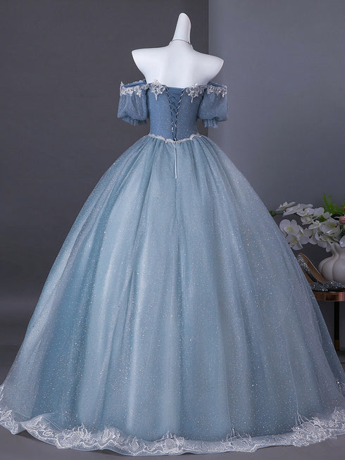 Light Blue Tulle Short Sleeves Long Prom Dress with Lace, Light Blue Shiny Floor Length Formal Gowns