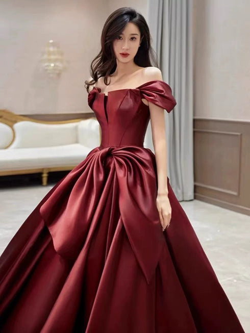 Wine Red Satin A-line Floor Length Off Shoulder Party Dress, Wine Red Long Prom Dress
