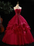 Wine Red Tulle A-line Beaded Straps Evening Dress, Wine Red Tulle Long Prom Dress