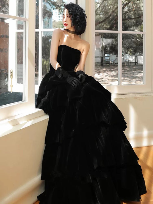 Black Velvet Layers Strapless Long A-Line Prom Dress, Black Velvet Evening Dress