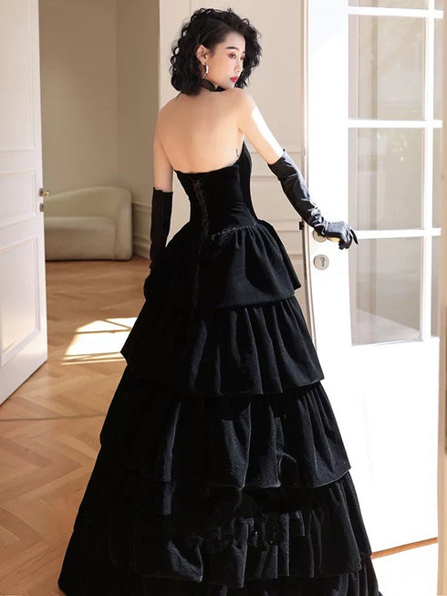 Black Velvet Layers Strapless Long A-Line Prom Dress, Black Velvet Evening Dress